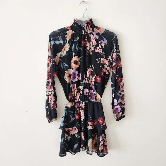 Yumi Kim Class Act Long Sleeve Floral Mock Neck Ruffle Mini Dress Black XS NWT - Picture 8 of 15
